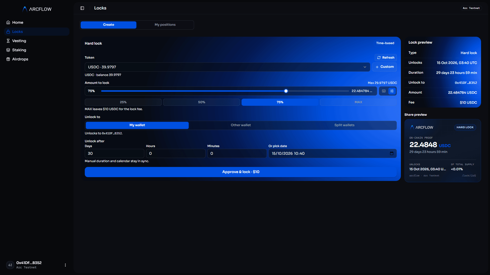 ArcFlows dashboard, locks and vesting on Arc